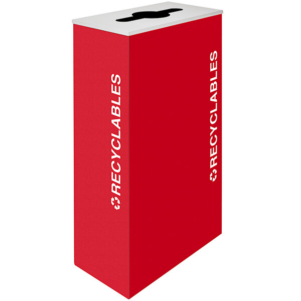 A red rectangular recycling bin with white text reading "Recyclables" and a checkered pattern on it.