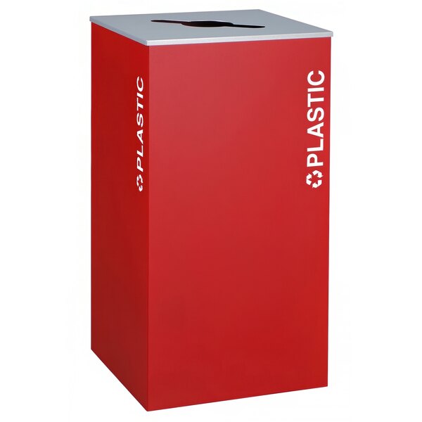 A red rectangular plastic receptacle with white text reading "Plastic" on the front.