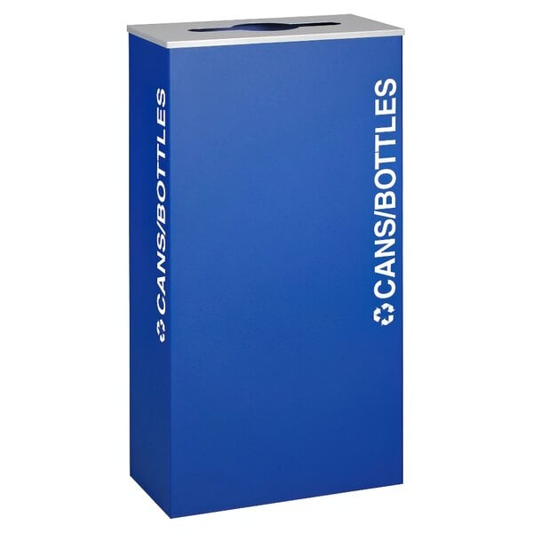 A royal blue rectangular receptacle with white text that reads "Cans / Bottles"