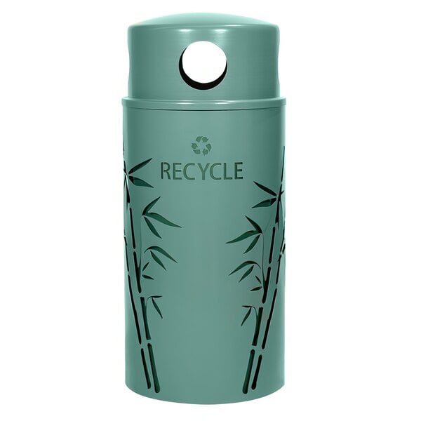 A green recycle bin with a bamboo design.