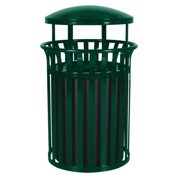 An Ex-Cell Kaiser Hunter Green metal trash can with a lid.