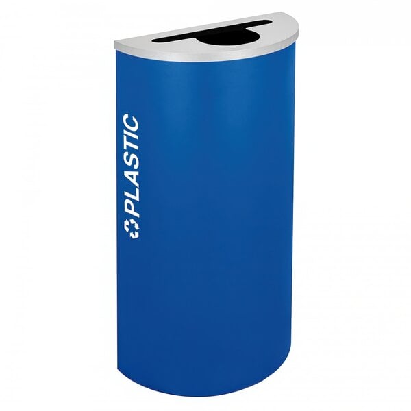 A blue plastic half-round trash can with white text reading "Plastic" on it.
