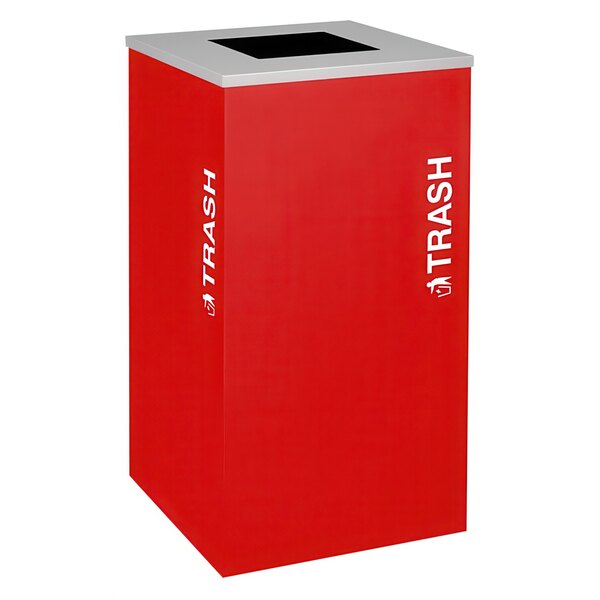 A red square Ex-Cell Kaiser trash receptacle with a black top and white text that reads "Trash"