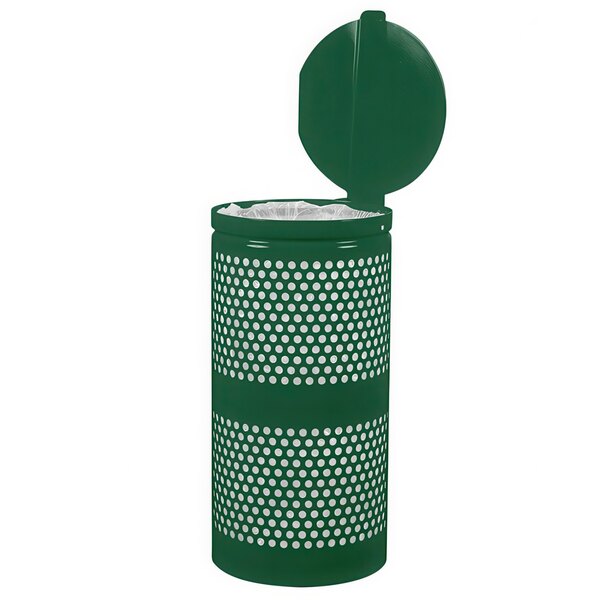 A round hunter green Ex-Cell Kaiser waste receptacle with a lid.