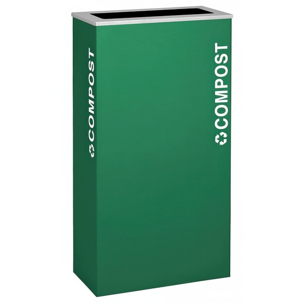 A green rectangular compost receptacle with white text reading "compost" on the front.