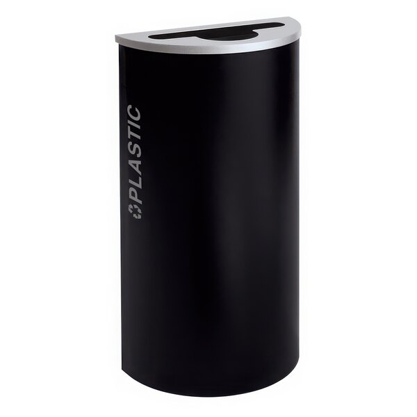 A black plastic half round receptacle with a black lid with silver accents.