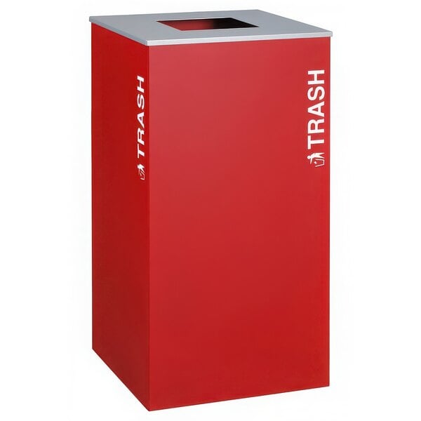 A red rectangular trash can with white text that says "Trash" on it.