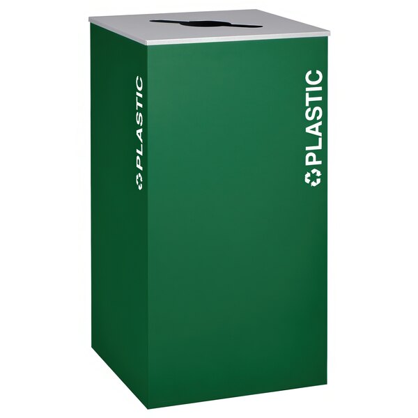 A green rectangular plastic receptacle with white text reading "Plastic" on the front.