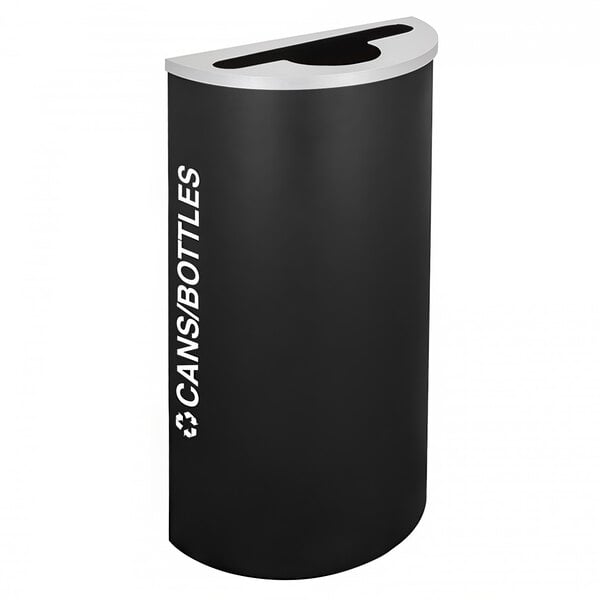 An Ex-Cell Kaiser black receptacle with white text reading "Cans / Bottles" on the front.