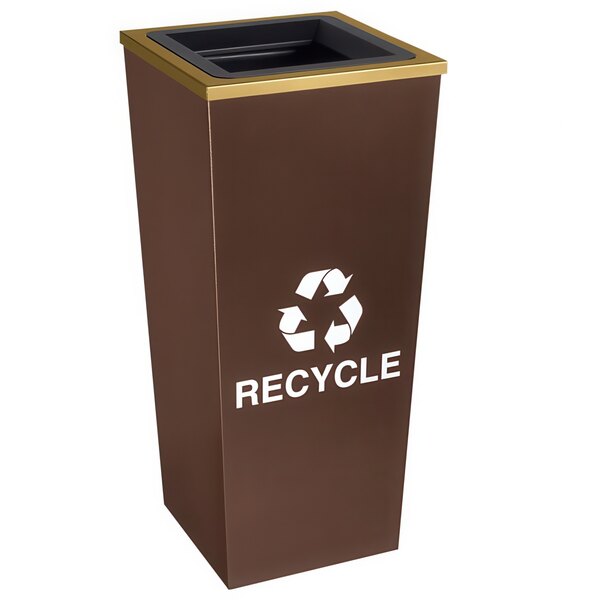 An Ex-Cell Kaiser Metro Collection hammered copper recycle bin with the word "Recycle" in black.