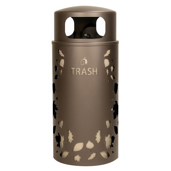 A brown metal Ex-Cell Kaiser outdoor trash receptacle with leaves cut out.
