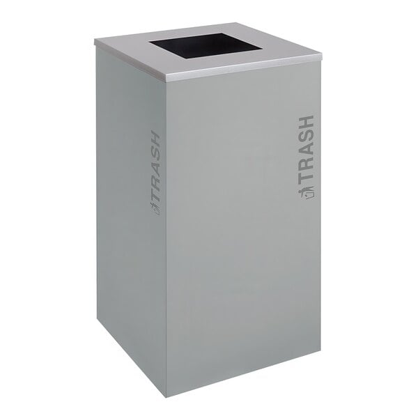 A hammered grey square trash receptacle with the word "trash" on it.