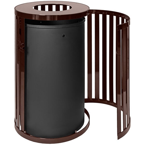 A black Ex-Cell Kaiser round outdoor trash receptacle with a metal frame.