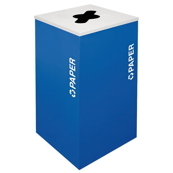 A royal blue square paper trash can with a white kaleidoscope pattern.