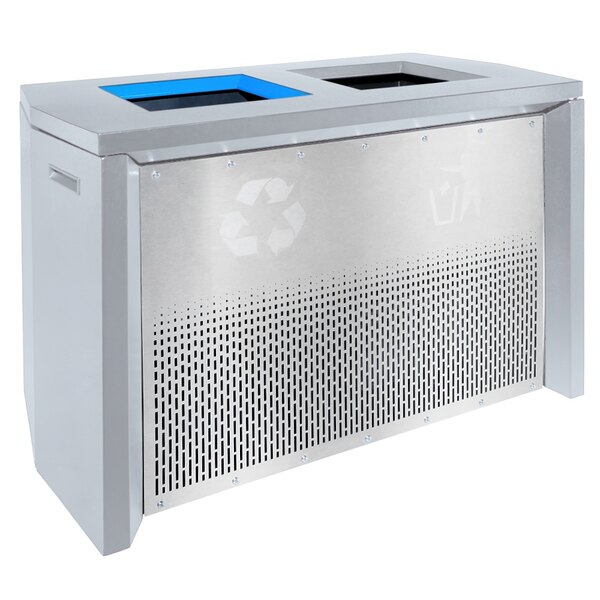 An Ex-Cell Kaiser Coliseum two-stream metal recycling receptacle with blue recycle lids.