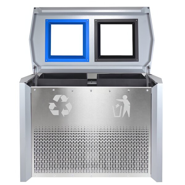 A metal Ex-Cell Kaiser Coliseum rectangular indoor recycling bin with two screens.
