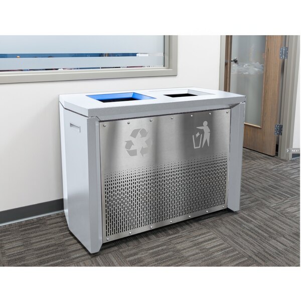A rectangular metal Coliseum two-stream recycling receptacle in hammered grey with a recycle symbol.