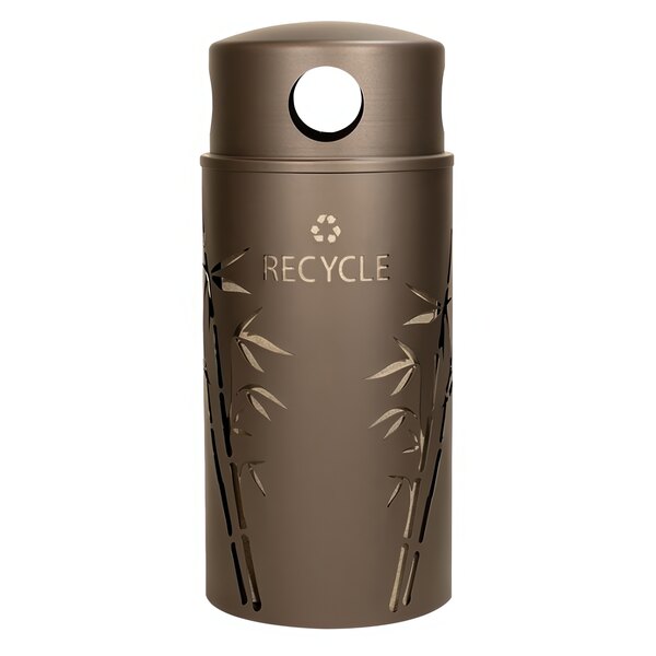 An Ex-Cell Kaiser brown steel recycle bin with bamboo leaves.
