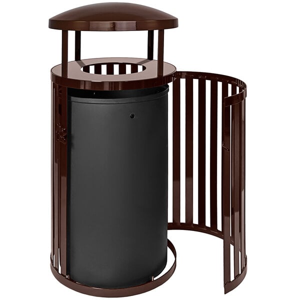 An Ex-Cell Kaiser Streetscape coffee outdoor trash receptacle with a black lid and metal frame.