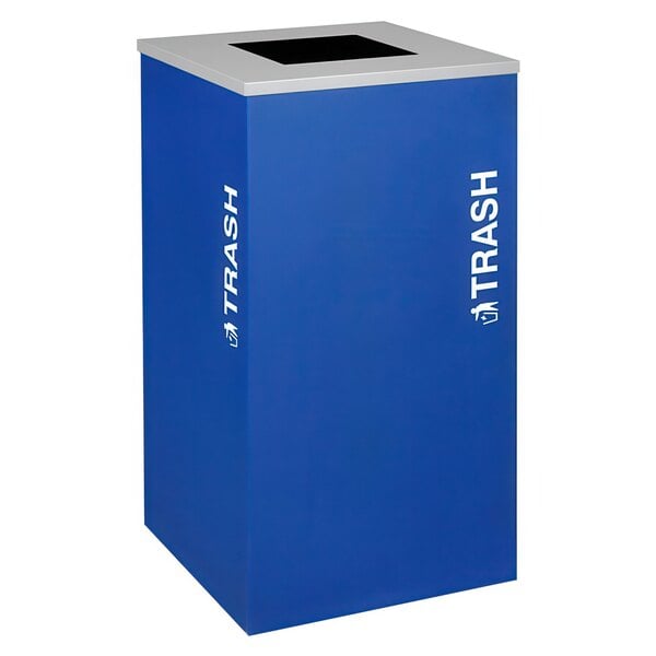 A blue rectangular Ex-Cell Kaiser trash receptacle with white text reading "Trash" on it.