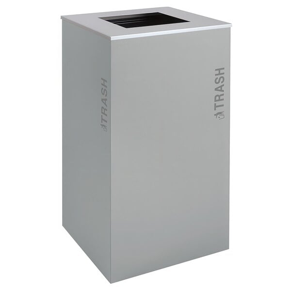 A black square Ex-Cell Kaiser trash receptacle with a hammered grey lid.