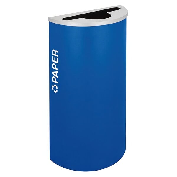 A royal blue half round paper receptacle with white text that says "paper."