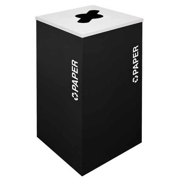 A black square receptacle with a white kaleidoscope pattern and white text.