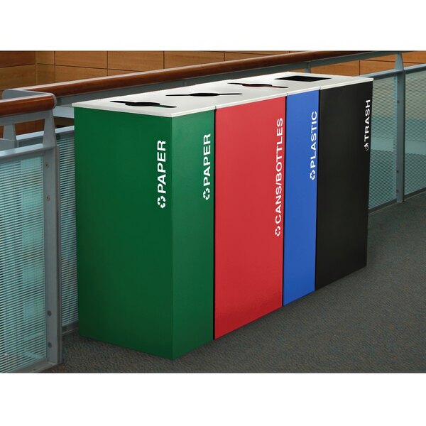 A row of Ex-Cell Kaiser Ruby Texture Square 36 gallon receptacles in different colors with white writing.