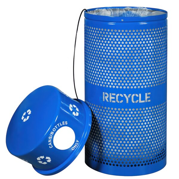 An Ex-Cell Kaiser blue recycle bin with a round dome lid.