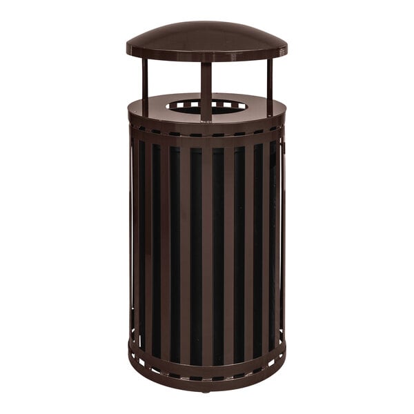 A brown Ex-Cell Kaiser Streetscape outdoor trash receptacle with a lid.