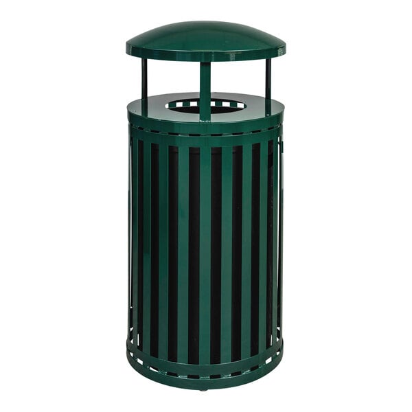 a green trash can with a lid