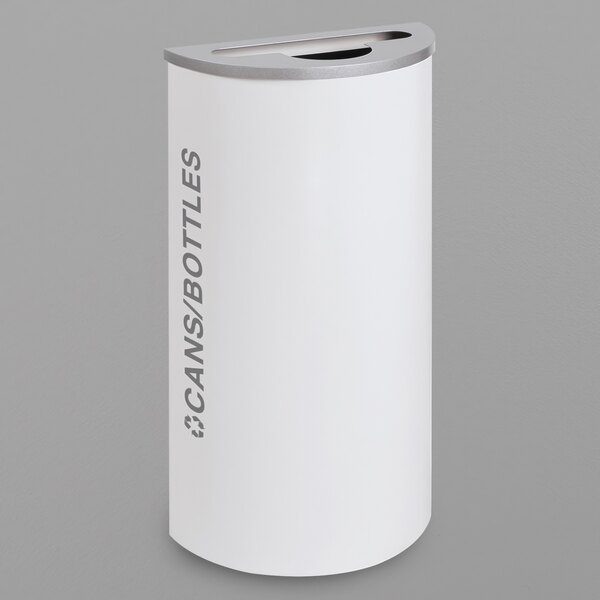 A white half round receptacle with "Cans / Bottles" in grey text on the lid.