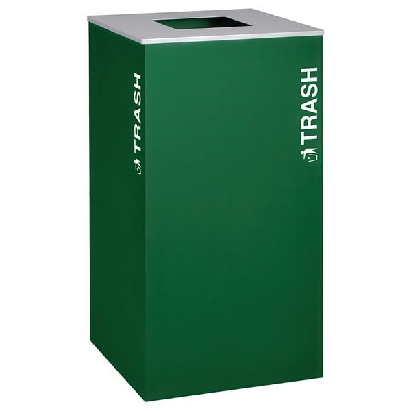 A green rectangular trash receptacle with white text reading "trash" on the front.