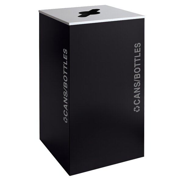 A black rectangular receptacle with a white top with white text.
