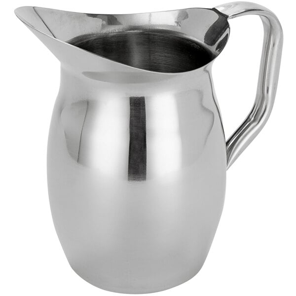 An American Metalcraft stainless steel bell pitcher with a handle.