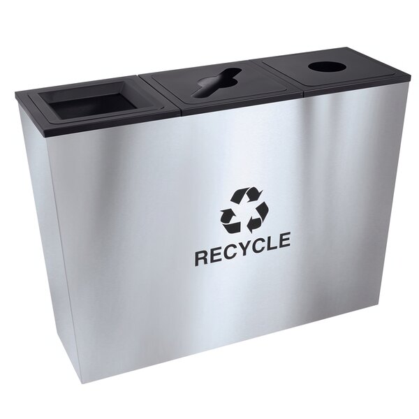 An Ex-Cell Kaiser stainless steel recycling bin with black lids.