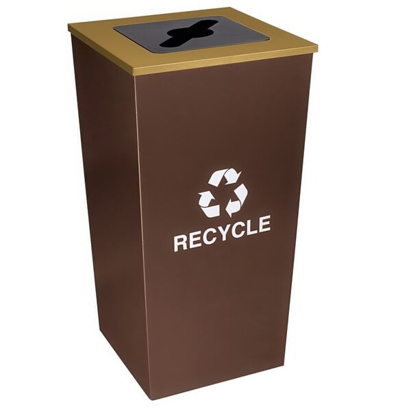 An Ex-Cell Kaiser hammered copper square recycling bin with a white recycle symbol on it.