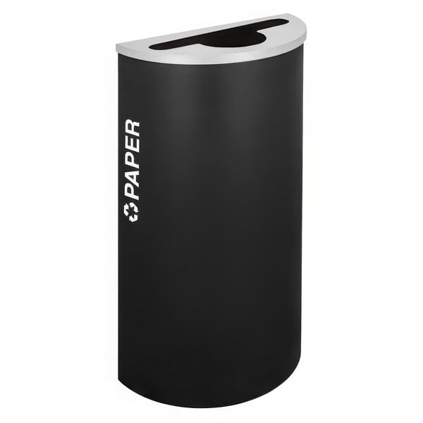 A black half round paper receptacle with white text reading "paper" on it.