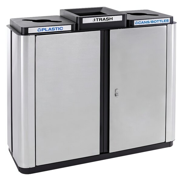 A silver and black stainless steel Ex-Cell Kaiser Echelon rectangular three-stream receptacle.