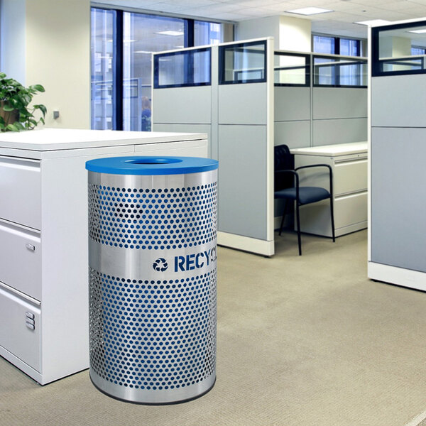 A stainless steel Ex-Cell Kaiser recycling receptacle in a corporate office cafeteria.