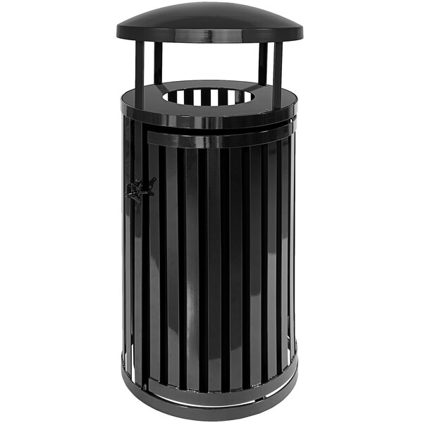 An Ex-Cell Kaiser black round outdoor trash receptacle with canopy and door.