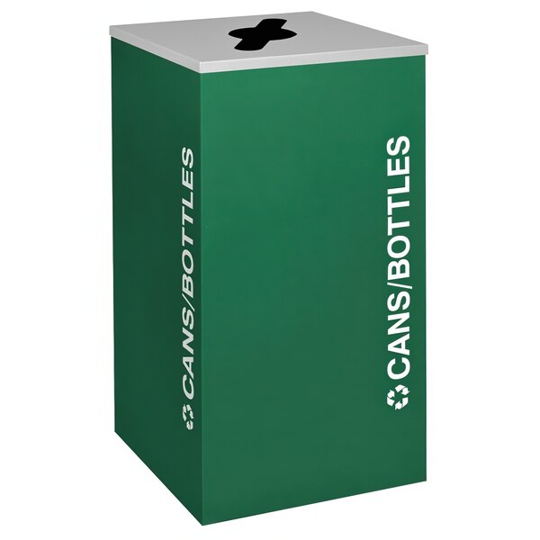 A green square receptacle with white text reading "Cans / Bottles" and a white design.