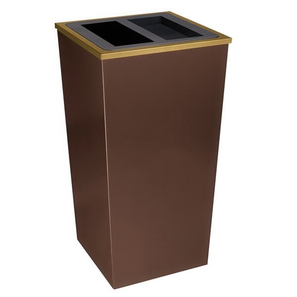 A brown rectangular Ex-Cell Kaiser Metro trash receptacle with a black square lid.