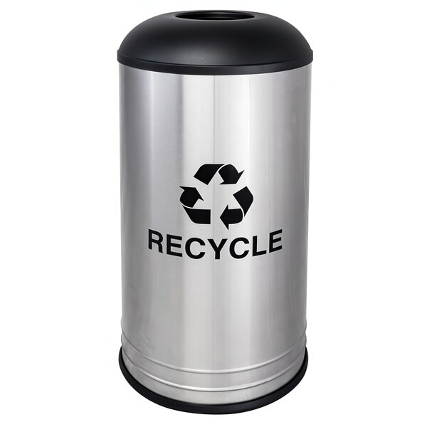 An Ex-Cell Kaiser stainless steel recycling receptacle with a black texture lid and recycle symbol.