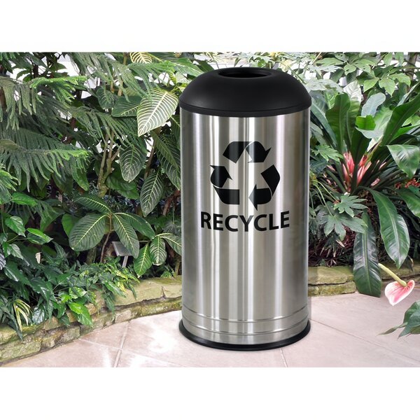 An Ex-Cell Kaiser stainless steel recycling bin with a black lid and recycle symbol.