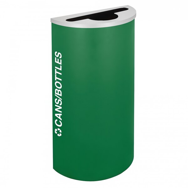 An Ex-Cell Kaiser emerald green half-round receptacle with white text reading "Cans / Bottles"