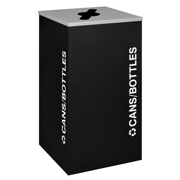 A black square receptacle with a white "Cans / Bottles" label.