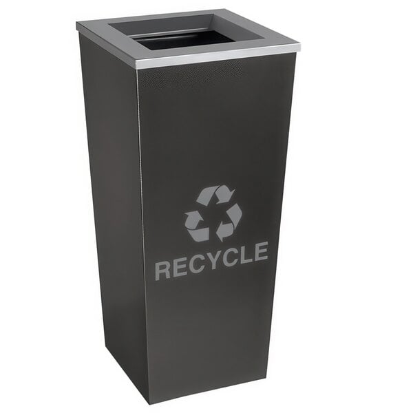 A black Ex-Cell Kaiser Metro Collection recycling bin with a recycle symbol on it.