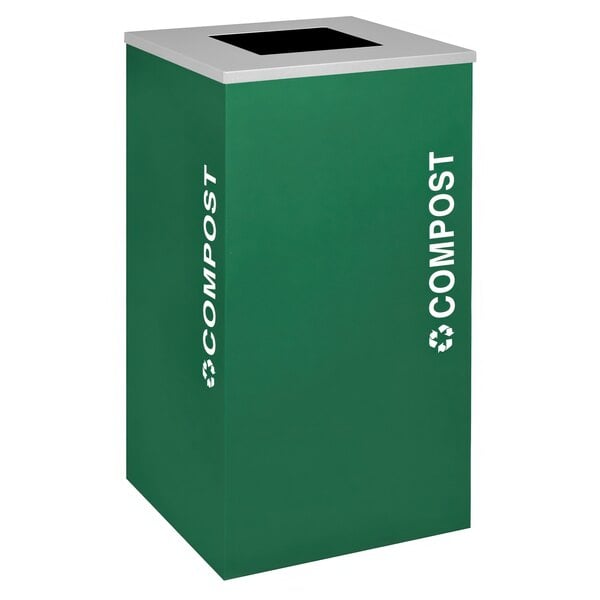 An Ex-Cell Kaiser square green compost receptacle with white text that says "compost" in a white recycle logo.