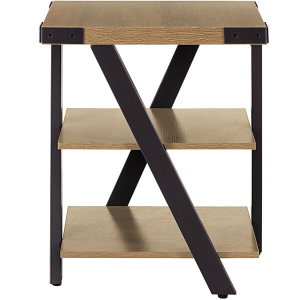 A Safco Mirella Sand Dune end table with wood and metal shelves.